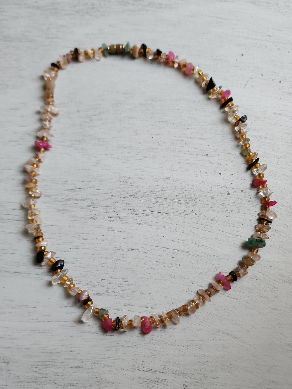 Multi‑colored Tourmaline Stone Necklace in Pink, Gold & Black